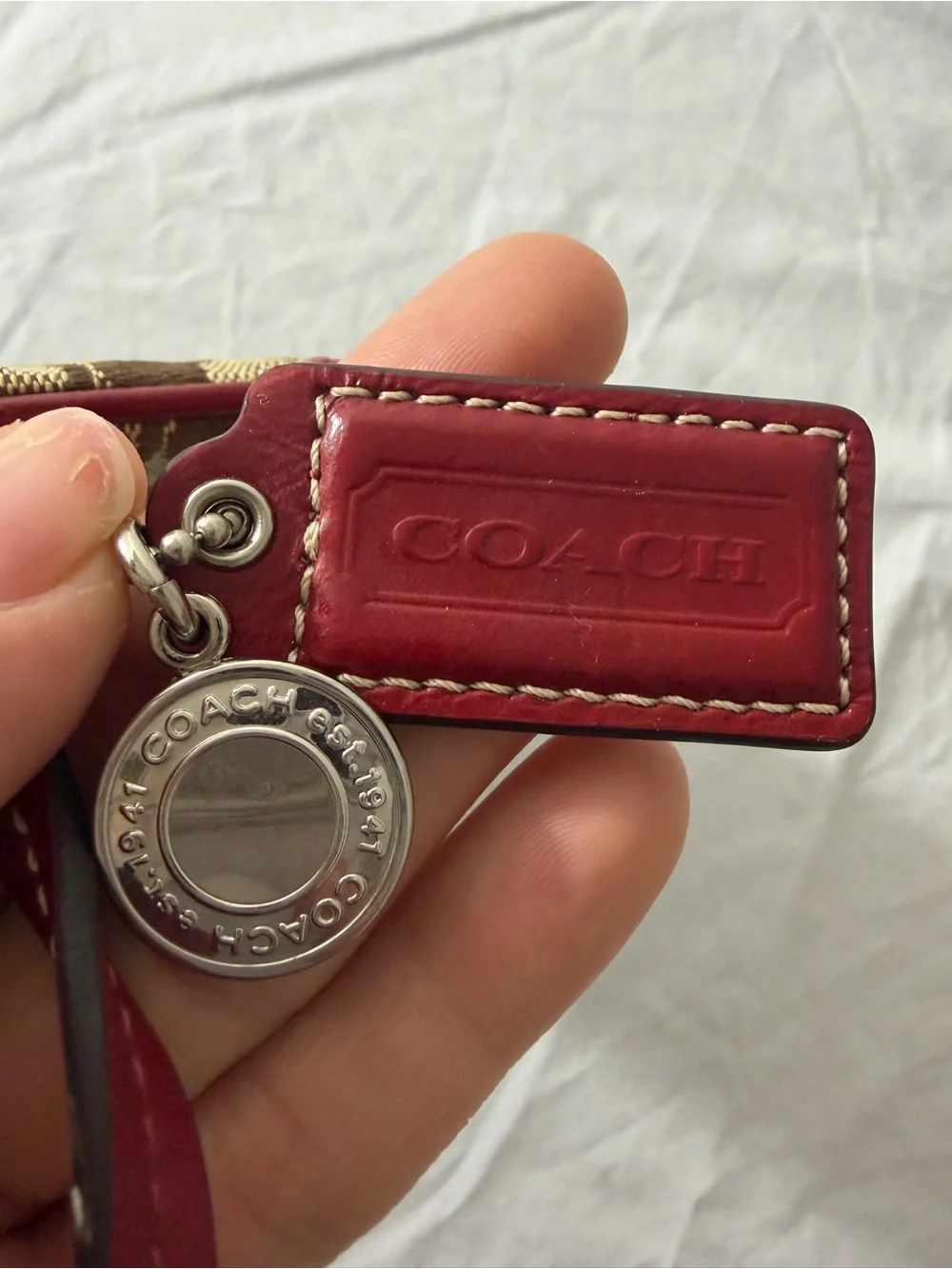 Coach Khaki Canvas Wristlet with Red Leather Trim